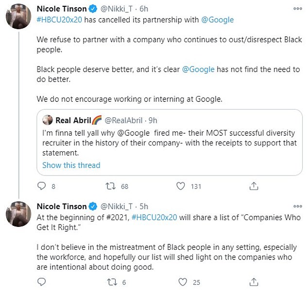 As a result of Curley's tweets, the founder and CEO of HBCU 20x20, Nicole Tinson, who heads an organization that 'prepares and connects black college students and graduates for quality jobs and internships,' announced it is to cancel its partnership with Google immediately