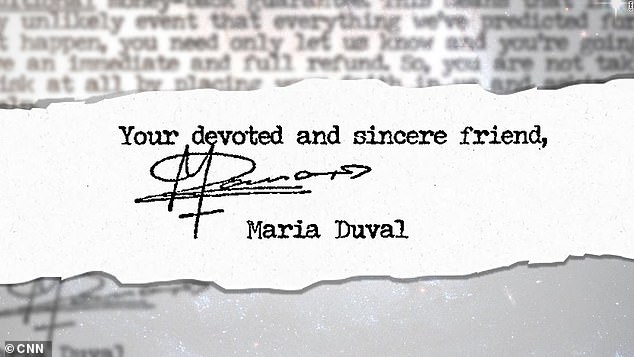Runner is accused of masterminding a decades-long psychic mail fraud scheme that defrauded more than one million Americans out of $180 million. Letters sent to the victims often used the names of two renown psychics (Maria Duval's is shown above)