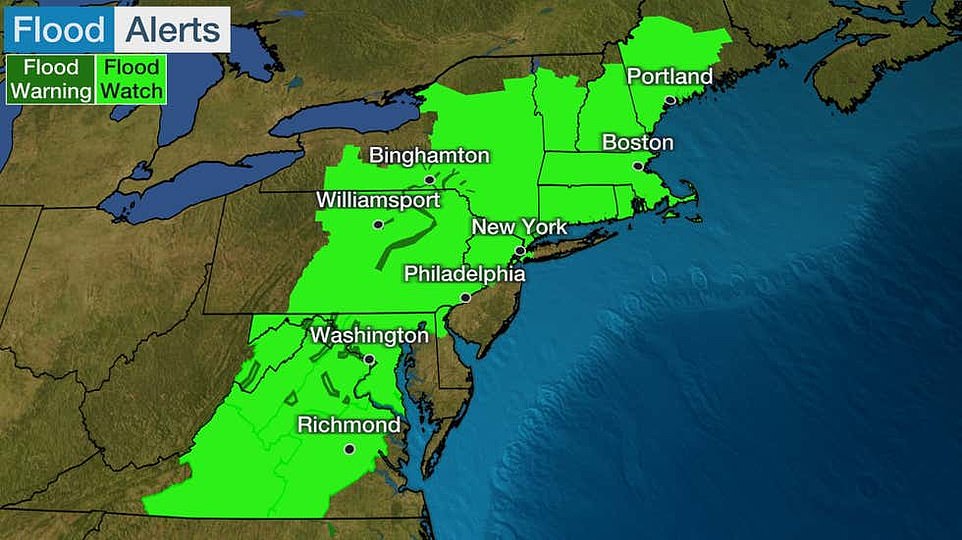 Meanwhile, The National Weather Service has issued flood watch warnings to several states with widespread, heavy rainfall anticipated. The warnings have been put in place along a 600-mile stretch of the East Coast, from Maine in the north to Virginia in the south