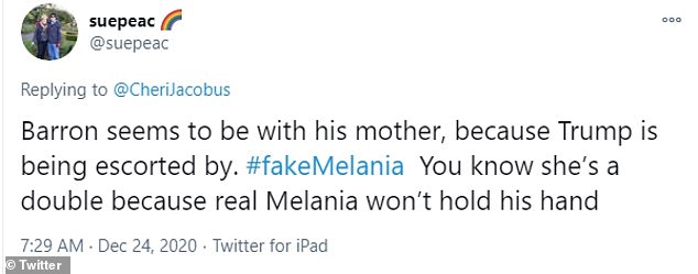 ¿You know she¿s a double because real Melania won¿t hold his hand,' one Twitter user commented, a reference to several prior instances in which the first lady was seen rejecting her husband's attempt to hold her hand in public