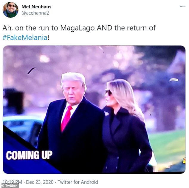 Twitter user Mel Neuhaus posted a screen shot of the Trumps exiting the White House on Wednesday with the caption: ¿Ah, on the run to MagaLago AND the return of #FakeMelania!¿