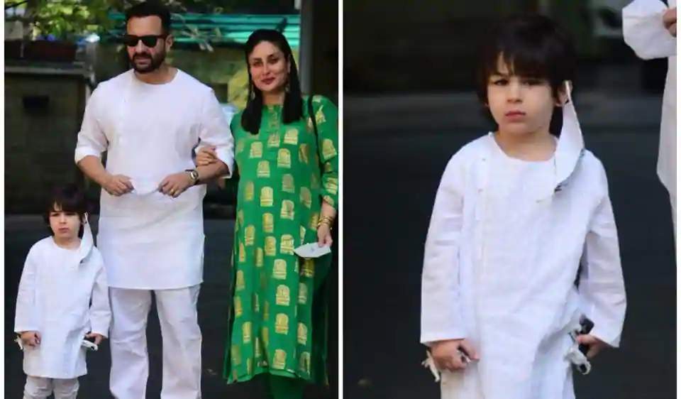 Taimur takes off mask to pose for the paparazzi as Saif Ali Khan and Kareena Kapoor arrive at the Kapoors’ annual Christmas lunch