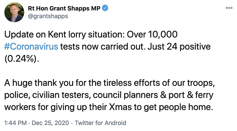 Grant Shapps yesterday confirmed more than 10,000 Covid-19 tests have been carried out by authorities in Dover, with only 24 positive cases found - around 0.24 per cent of those tested