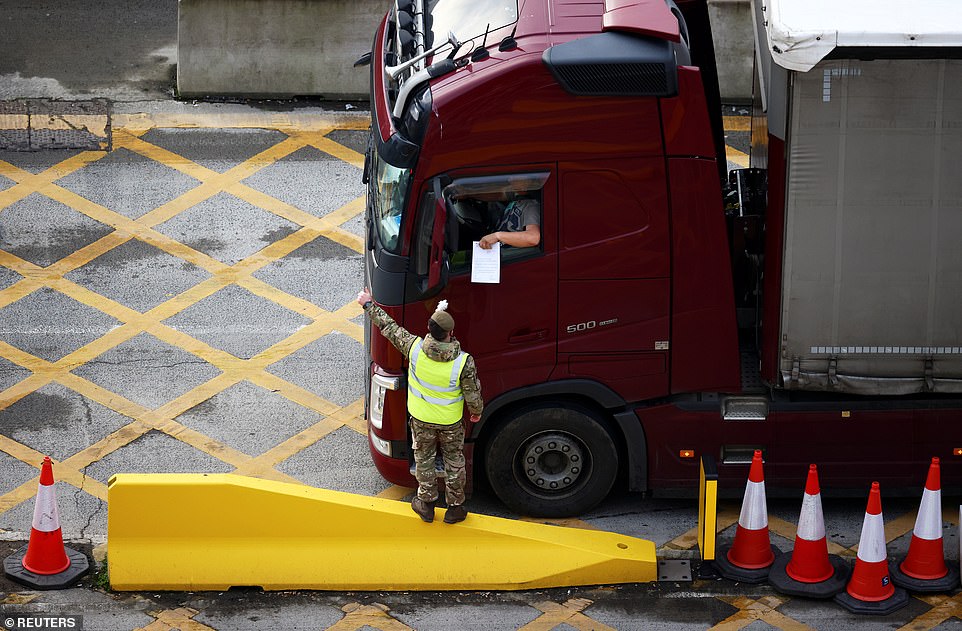 A British soldier checks the documents of a driver at the entrance of the Port of Dover, amid the coronavirus outbreak in Dover