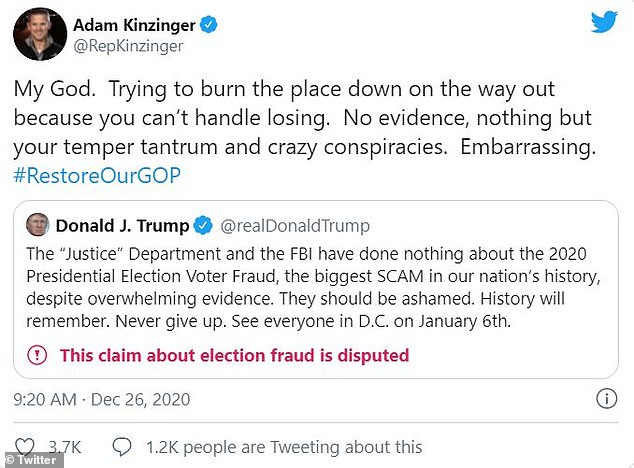 Kinzinger called out Trump on Twitter Saturday for his election fraud claims, claiming the president is 'embarrassing'