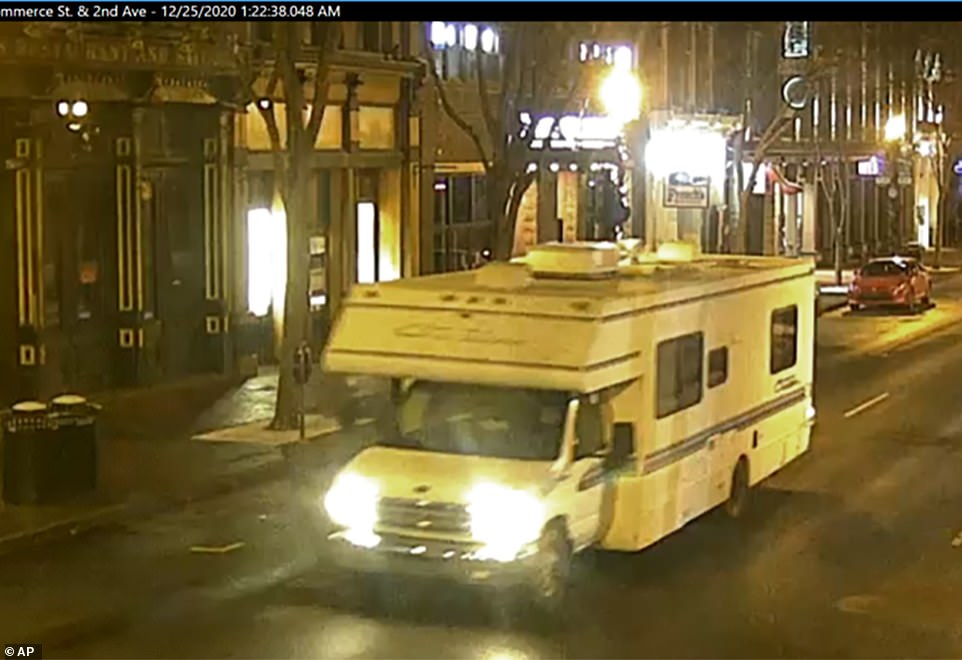 This image taken from surveillance video provided by Metro Nashville PD shows the RV that was involved in a blast on Friday. Loudspeakers on the vehicle played the soul hit 'Downtown' before it detonated