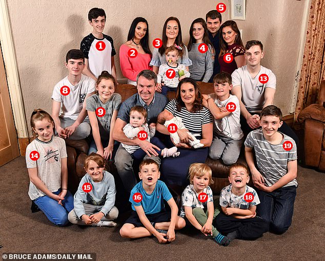The Radford children, pictured two years ago. Left to right, top row: Luke, Chloe, Mille, holding Hallie, Katie and Sophie. Left to right, middle row: Daniel, Ellie, father Noel Radford holding Phoebe, mother Sue holding Archie, Josh, and Jack. Left to right, bottom row: Aimee, Tilly, Max, Casper, Oscar, and James
