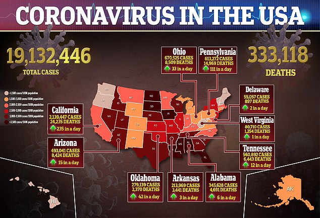 Coronavirus cases surpassed 19 million in the US on Sunday and deaths hit 333,118