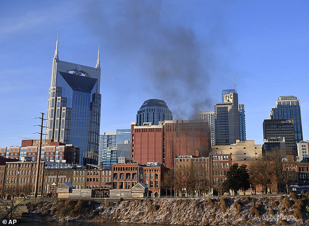 The above image shows smoke rising from downtown after the explosion on Friday. The AT&T building is seen on the left