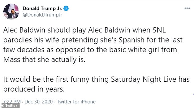 The president's son said Alec Baldwin should play himself on Saturday Night Live if they should cover the scandal saying it would be 'the first funny thing in years'