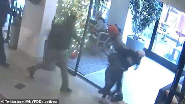 The video, shared on social media Wednesday night by NYPD Chief of Detectives Rodney Harrison, shows Ponsetto suddenly run at Keyon Harrold Jr. and grab him by the waist in the Arlo Hotel on Saturday