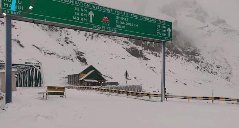 Fresh snow around Atal Tunnel in Manali; highway to Lahaul valley blocked