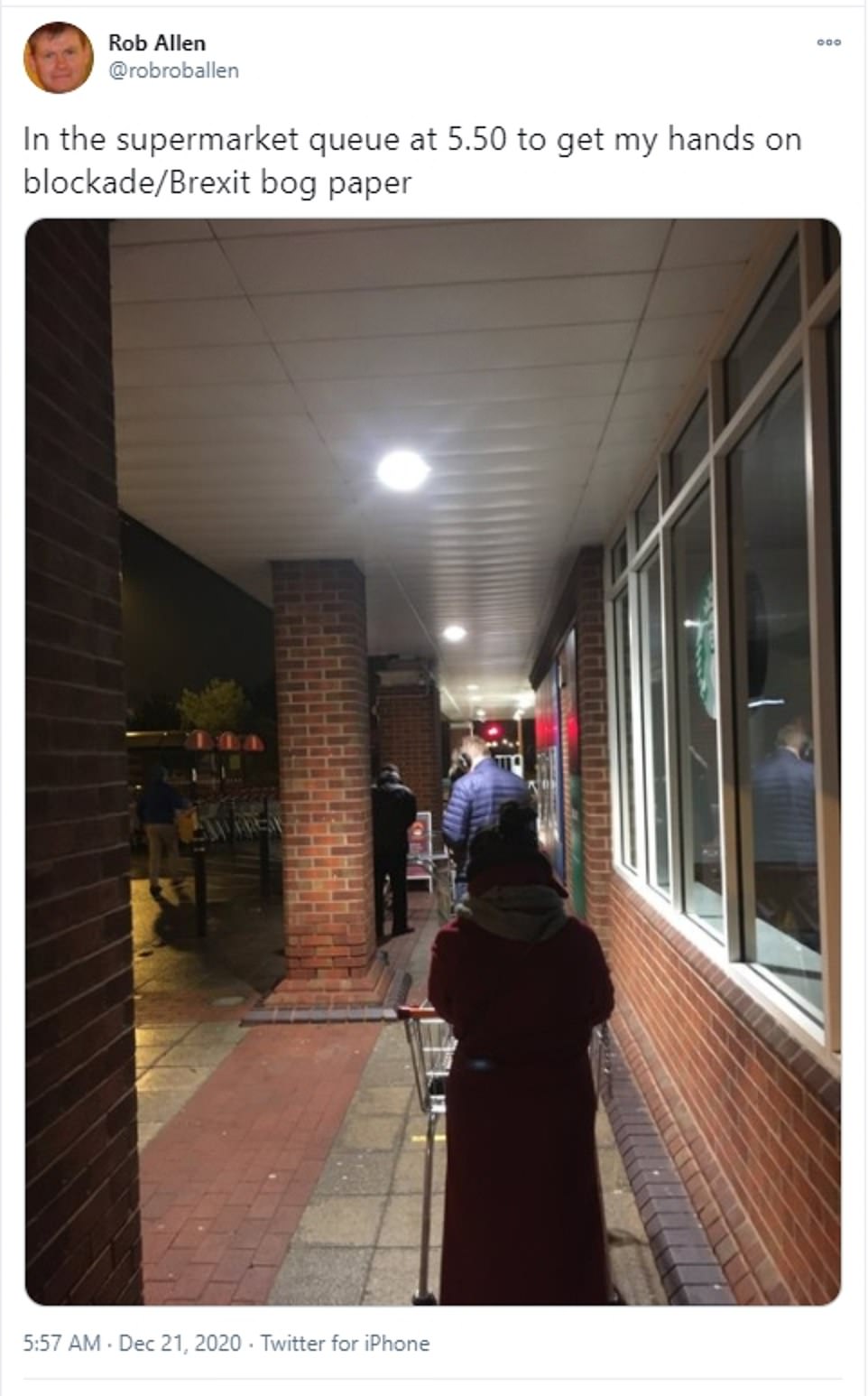 This shopper began queueing outside a supermarket which already had a line of people waiting at 5.50am today