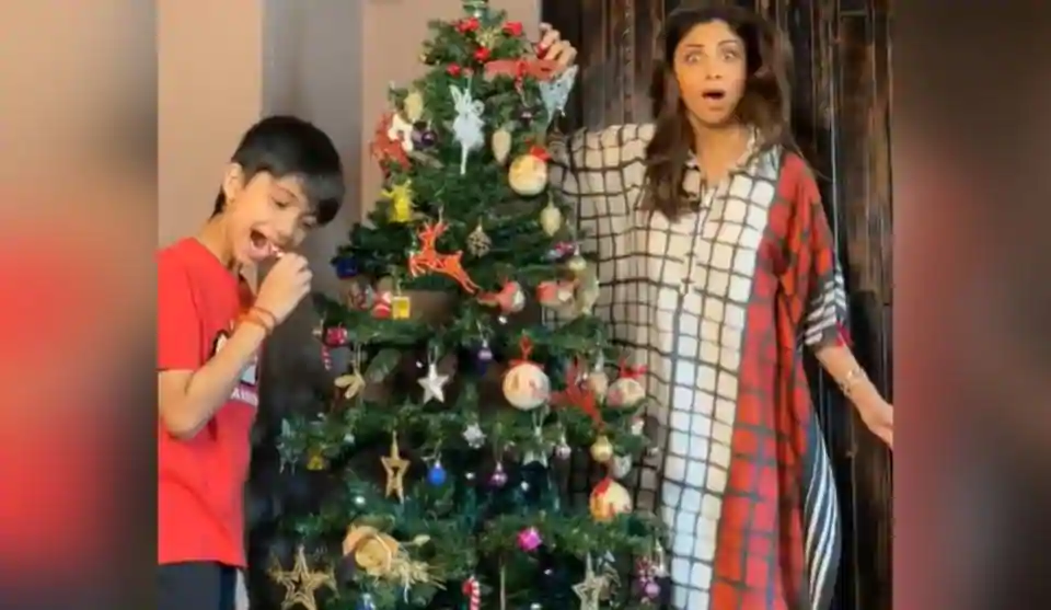 Shilpa Shetty’s son Viaan sneakily eats candy cane as they decorate their Christmas tree together. Watch video