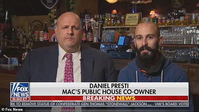 Danny Presti, who owns Mac's Public House, right, next to his lawyer, Louis Gelormino, left, both appeared on Hannity on Fox News on Monday night saying that he was 'scared for his life'