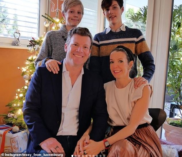 Former princess Tessy of Luxembourg has shared a rare family photograph snap with her hunky Swiss businessman boyfriend and two sons as they celebrated Christmas together for the first time