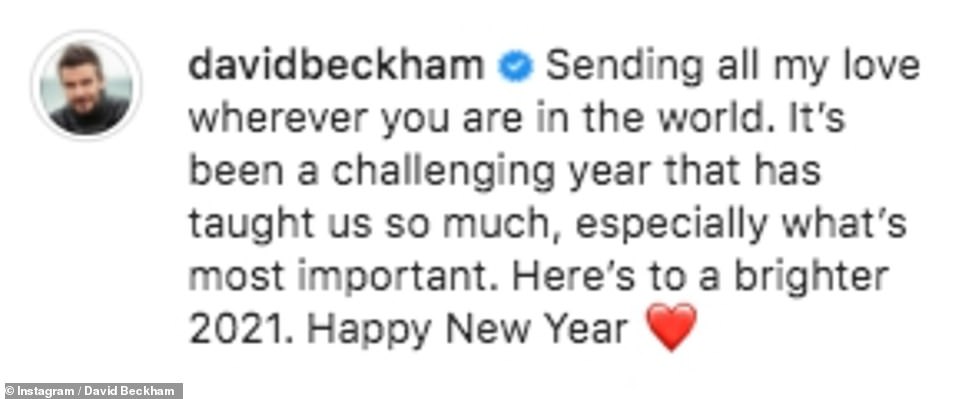 David wrote: 'Sending all my love wherever you are in the world. It’s been a challenging year that has taught us so much, especially what’s most important. Here’s to a brighter 2021. Happy New Year'