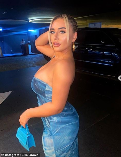 Dressed up for it: The Love Island star coordinated her tiny blue bag with her low-cut dress