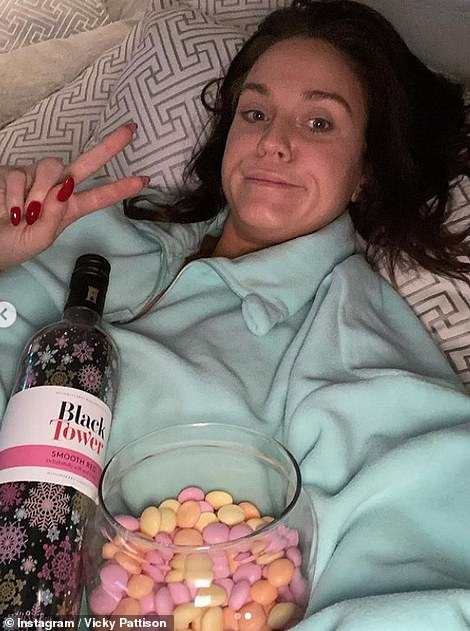 Quiet night in! Vicky Pattison opted for a very casual NYE look as she enjoyed some wine and sweets in her loungewear