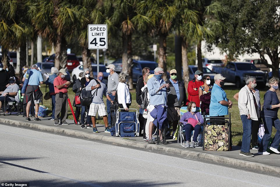 In Florida websites for vaccine appointments have crashed and facilities have filled up so fast that they pose a risk for the potential spread of COVID-19. Seniors pictured in line with lawn chairs waiting for the vaccine at Lakes Regional Library on Wednesday in Fort Myers