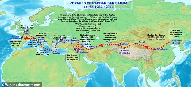 The route taken by Rabban Bar Sauma during his journey from Beijing to Gascony in the 1280s