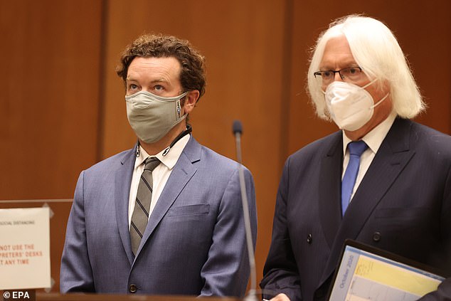 On Wednesday, a judge ruled that the cases brought by the Bixlers and Jane Does must go through 'religious arbitration' within the Church of Scientology. Pictured:  Masterson (left) stands with his attorney, Thomas Mesereau, during an arraignment at Los Angeles Superior Court, September 2020