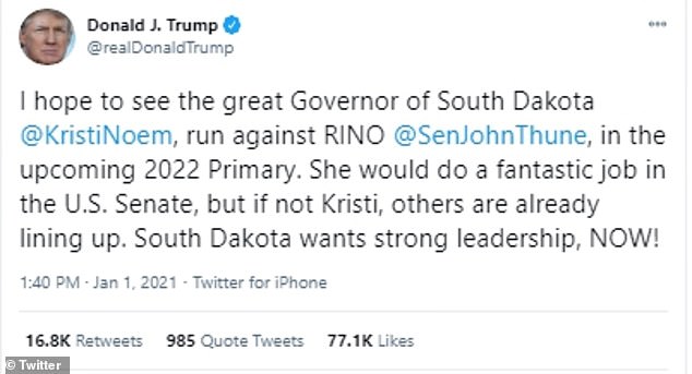 Trump's tweet was likely in response to the role Thune played earlier Friday, when he objected to proceeding to a vote on a bill that would give Americans $2,000 stimulus checks for COVID-19 relief