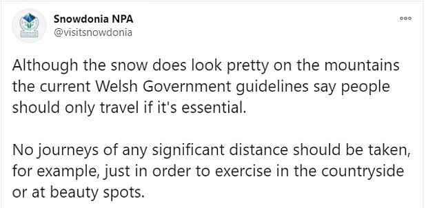 Snowdonia National Park's Twitter page issued a similar warning on December 28, writing: 'Although the snow does look pretty on the mountains the current Welsh Government guidelines say people should only travel if it's essential'