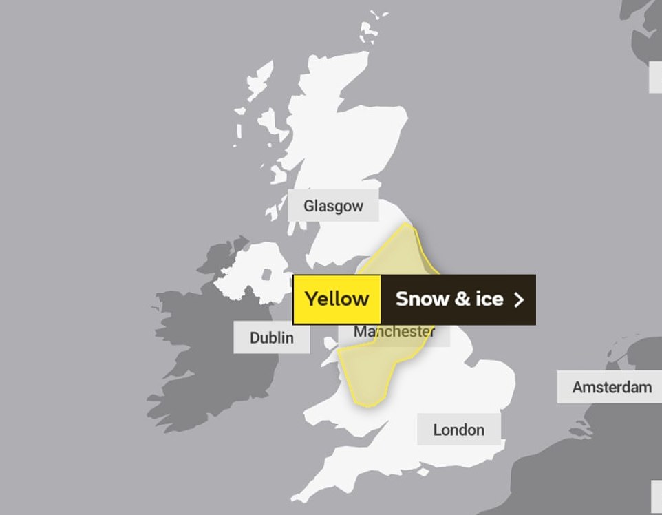 A yellow snow and ice warning has been issued for Yorkshire & Humber, parts of the North East of England and Wales. The cold spell will continue with 'locally severe overnight frosts, especially across the North', the Met Office said, adding that there will be some wintry showers across eastern parts