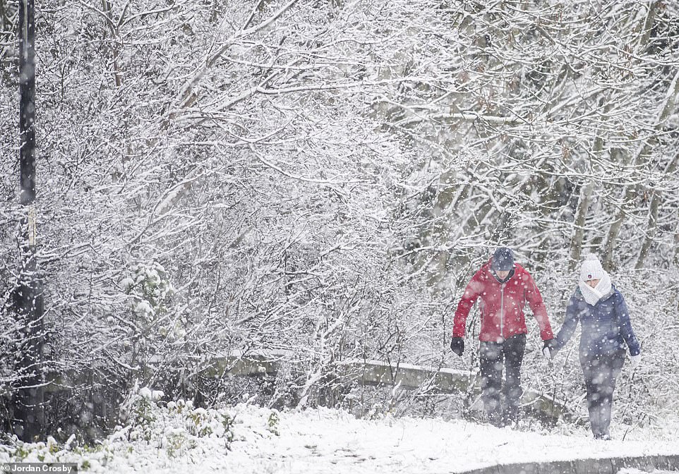 A couple make their way through a storm after snowfall hit Teeside overnight, coating tree branches in a layer of snow