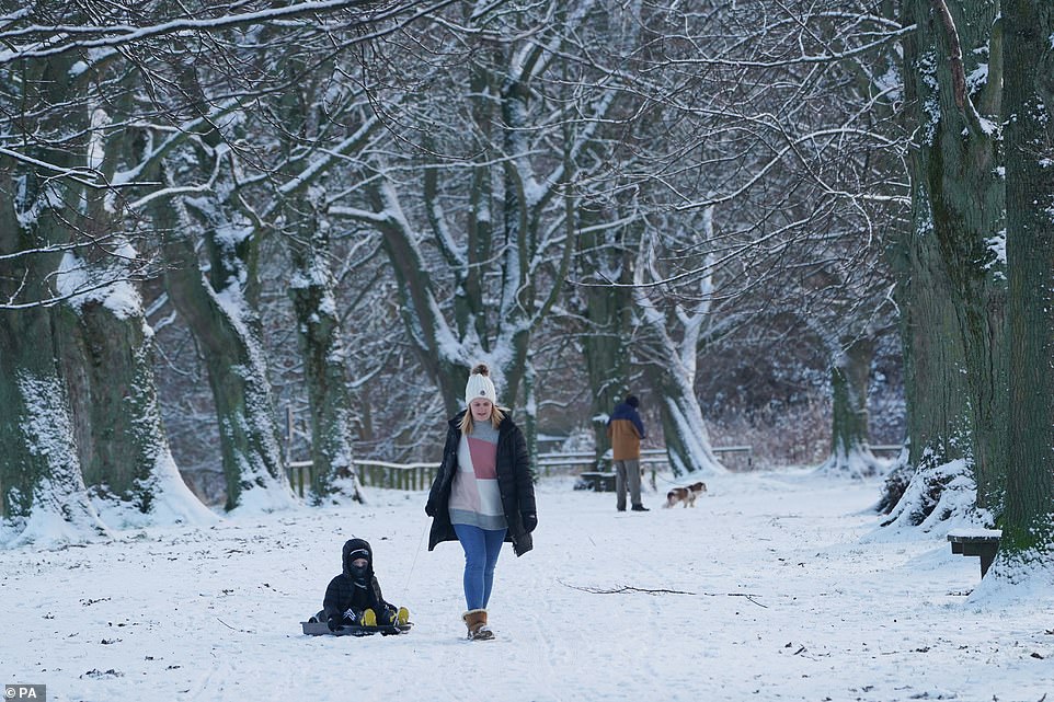 A woman tows a sledge with a child through a snow-covered wood in Hexham, Northumberland