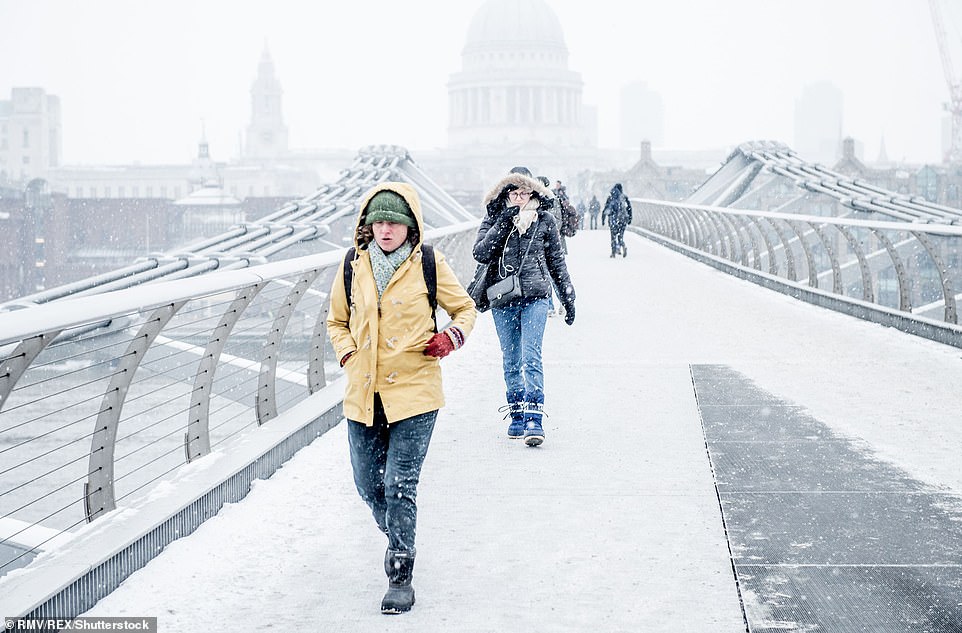 Heavy snow fell across Britain in 2018 in the 'Beast from the East'. Millennium Bridge in London is pictured on March 1, 2018