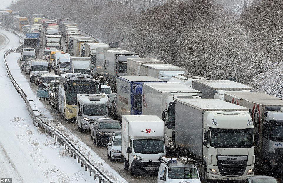 Traffic on the M20 near Ashford, Kent, on February 27, 2018 during the Beast from the East which caused travel chaos