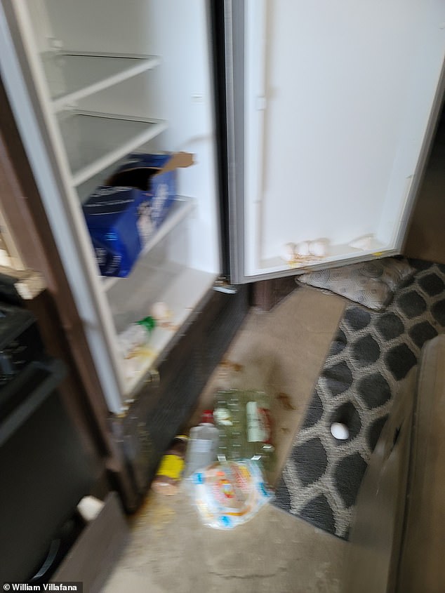 Photos show the mess inside the cabin with and eggs smashed on the floor