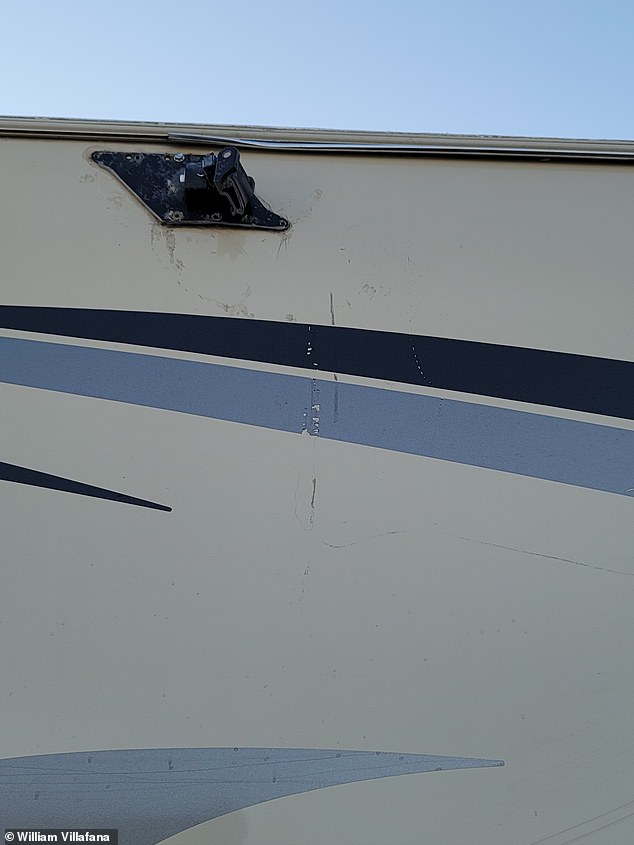 'The guy is worth $2.6 million or something like that - just pay for your damage,' Villafana told DailyMail.com, adding 'I just want my RV fixed.' Pictured some exterior damage