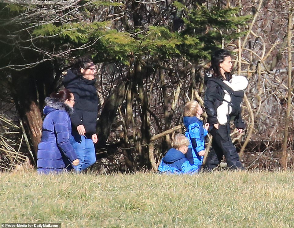 The 36-year-old Boston native was spotted out walking with her brood and two nannies near the luxury home in New York state she shares with here actor husband Alec Baldwin