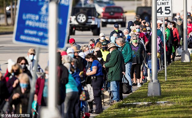 Hundreds wait in line to receive the COVID-19 vaccine in Fort Myers, Florida, on Thursday. Floridians over age 65 can get the vaccine on a first-come, first-served basis