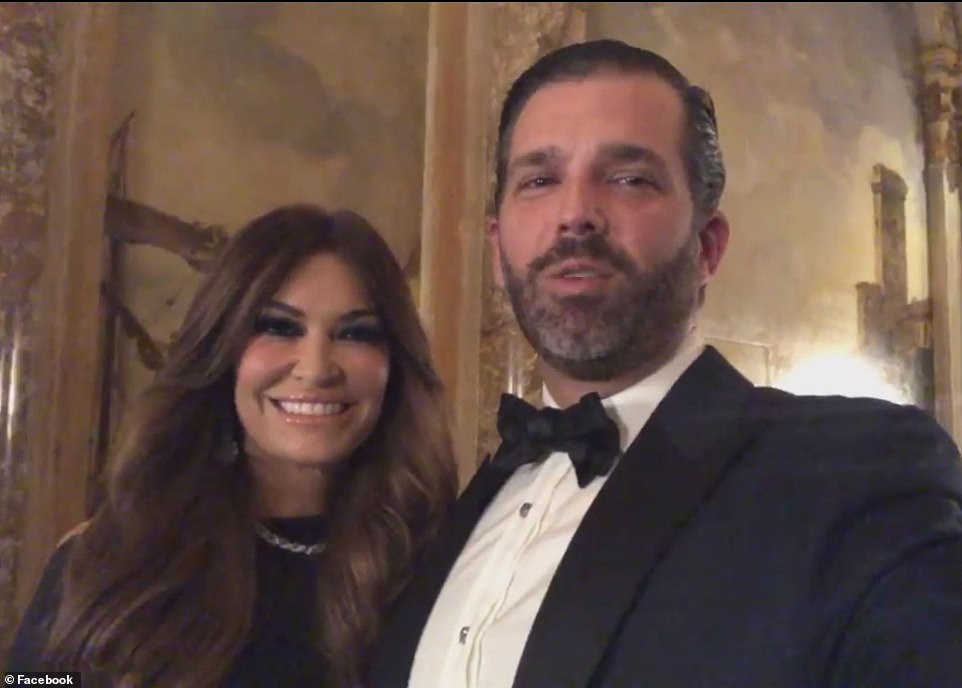 Donald Trump Jr, who turned 43 today, and girlfriend Kimberly Guilfoyle shared a video message on Facebook wishing his supporters a happy new year from Mar-a-Lago