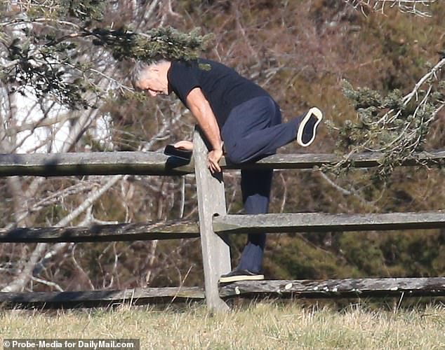 Alec was seen clambering over a wooden fence post as he joined his family for the woodland walk