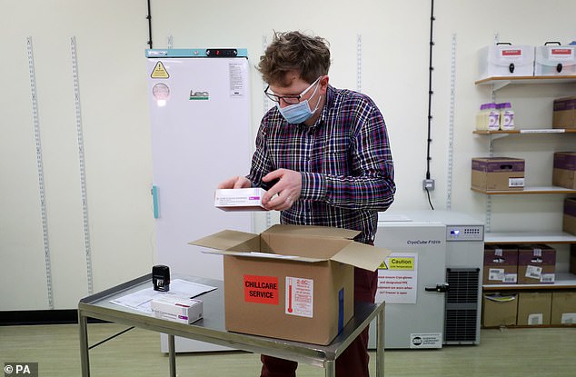 For around 1.7million people, the journey to a vaccination centre is 20 miles. Pictured: Assistant Technical Officer Lukasz Najdrowski unpacks doses of the Oxford University/AstraZeneca Covid-19 vaccine as they arrive at the Princess Royal Hospital in Haywards Heath, West Sussex