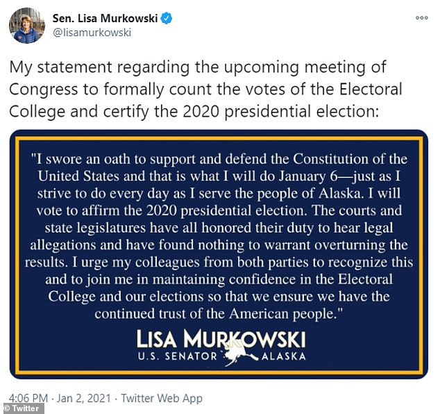 Sen. Lisa Murkowski of Alaska became the third Senator to publicly denounce her Republican colleagues