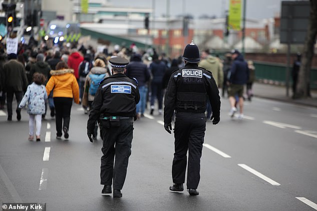 Nottinghamshire Police monitored the crowd's behaviour as it marched through the city today