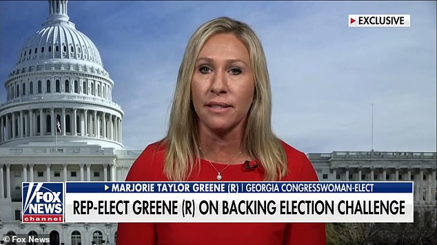Speaking on Fox News' Sunday Morning Futures Greene said she will contest the presidential election results during the joint Congress session this Wednesday saying: 'I believe it is our duty as members of Congress to uphold the Constitution and defend the integrity of our elections and I intend to do that'