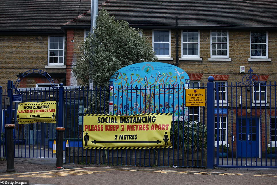 Social distancing signs displayed at Coldfall Primary School in Muswell Hill, London, on January 2 as Covid cases across the capital city have been putting rising pressure on the NHS