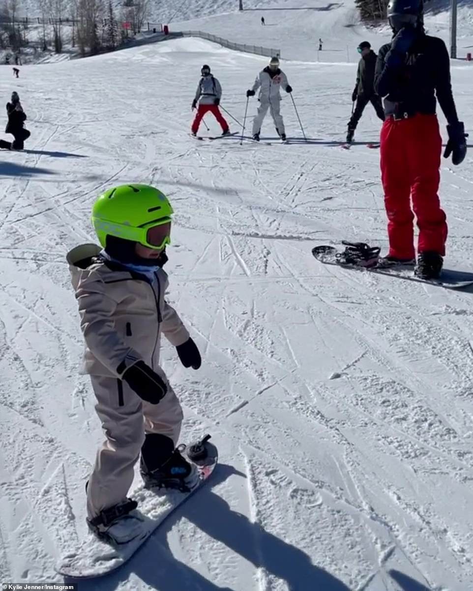 Impressive: Kylie showed off video of her daughter Stormi, two, snowboarding surprisingly well for a toddler