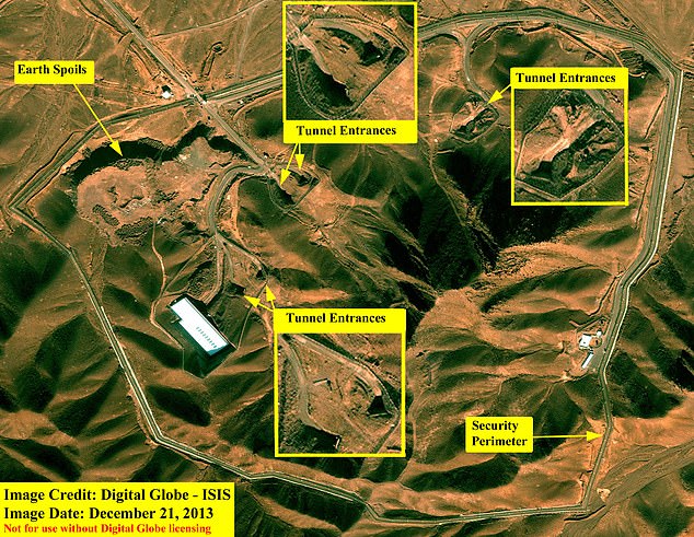 A zoomed in map showing the entrance through the perimeter fence to the top left and further tunnel entrances positioned in the top right section of the mountain range