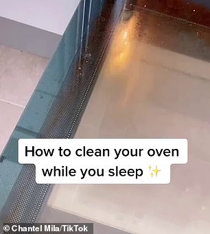 Chantel Mila posted on TikTok, where she said the method is 'oven cleaning made easy', as the majority of the cleaning is done 'while you sleep' (pictured)