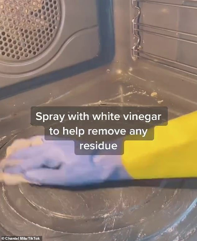 The mum has built up a huge following of 200,000 people online, who turn to her for home improvement and cleaning hacks (oven cleaning pictured)