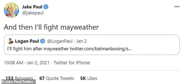 Building hype: After expressing doubt about his brother's future match with Mayweather, Jake Paul stated that he would also interested in taking on the former champion in the future