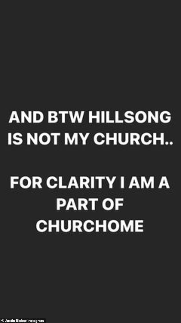 Clarifying: Bieber clarified his relationship with Hillsong in a separate post